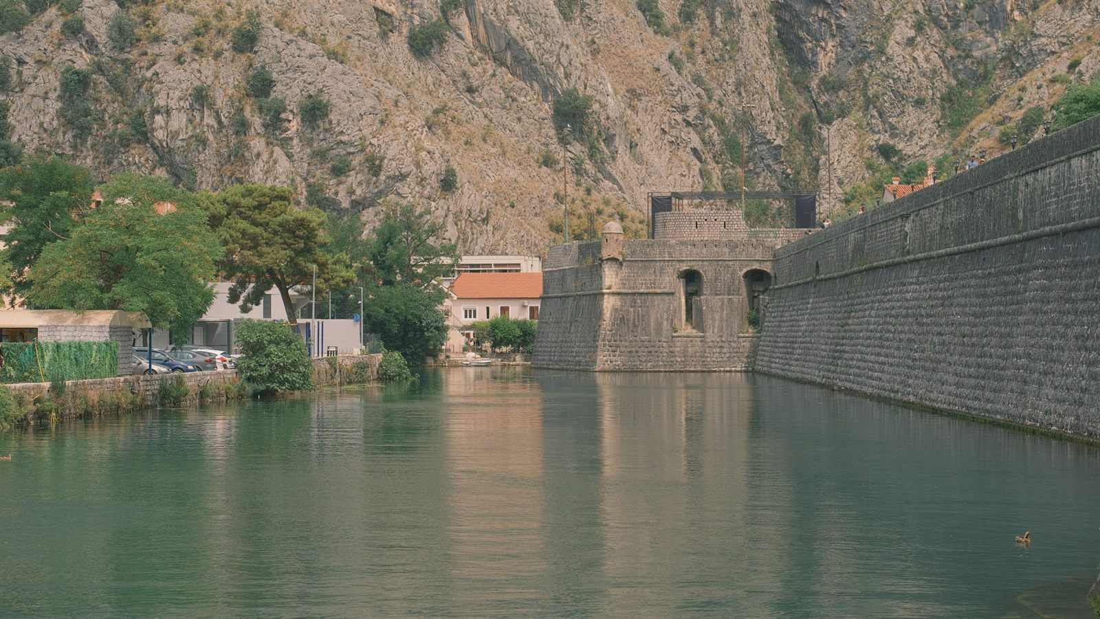 Stone town walls of Kotor rising from calm water below steep mountains